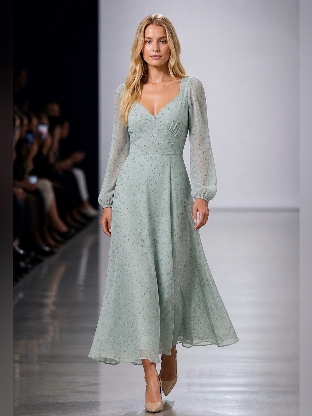 Astr Light Blue Floral Long Sleeve MIdi Dress Women’s Small